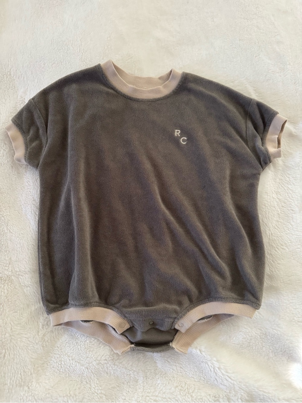 Rylee + Cru noah bubble romper. Terry material with Cream Trim.